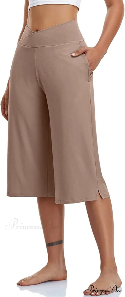 Casual Wide Leg Yoga Capris Crossover High Waist Capri Pants Mocha Brown / X-Large