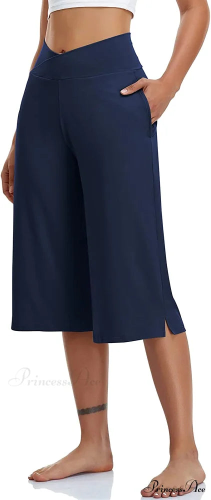Casual Wide Leg Yoga Capris Crossover High Waist Capri Pants Navy / X-Large