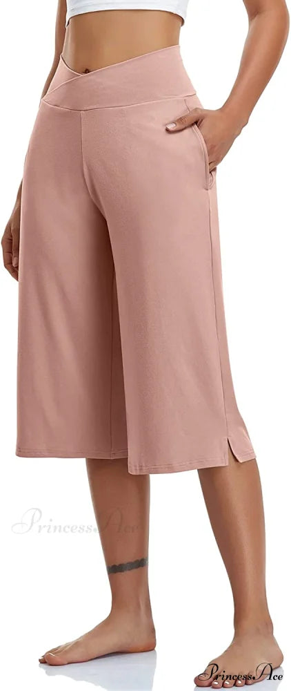 Casual Wide Leg Yoga Capris Crossover High Waist Capri Pants Pink / X-Large