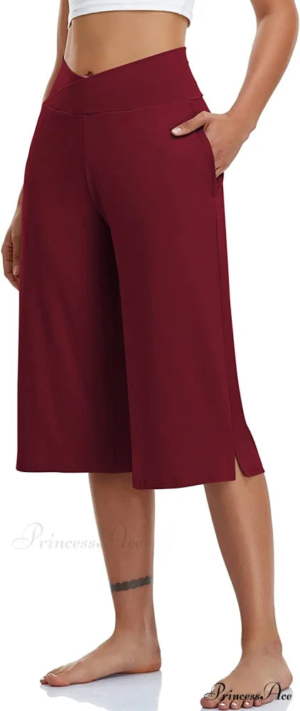 Casual Wide Leg Yoga Capris Crossover High Waist Capri Pants Wine Red / XX-Large
