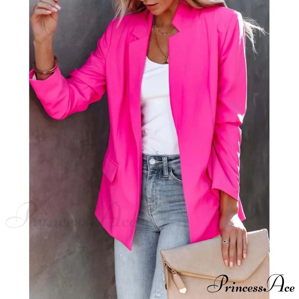 Casual Winter Office Autumn Fashion Long Sleeve Slim Fit Loose Blazer Rose Red / S