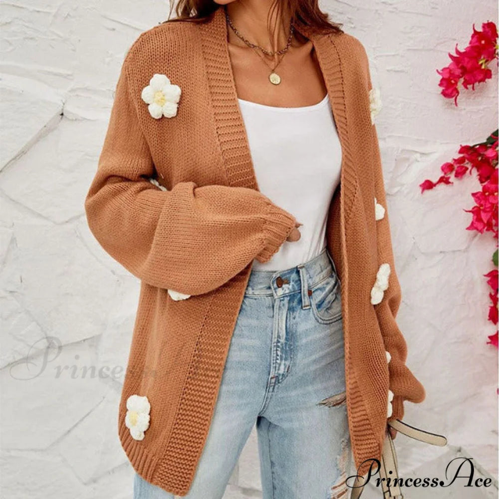 Casual with 3D Flower Cardigan Decoration