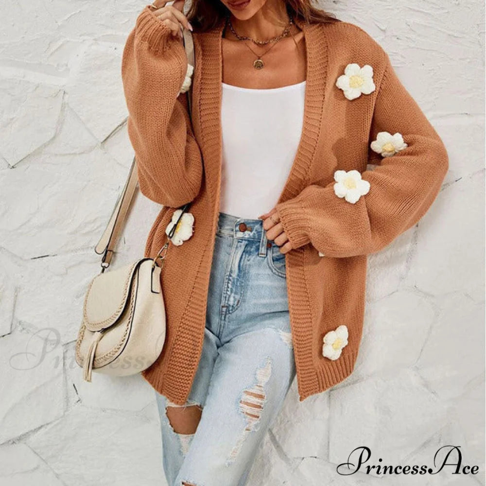 Casual with 3D Flower Cardigan Decoration