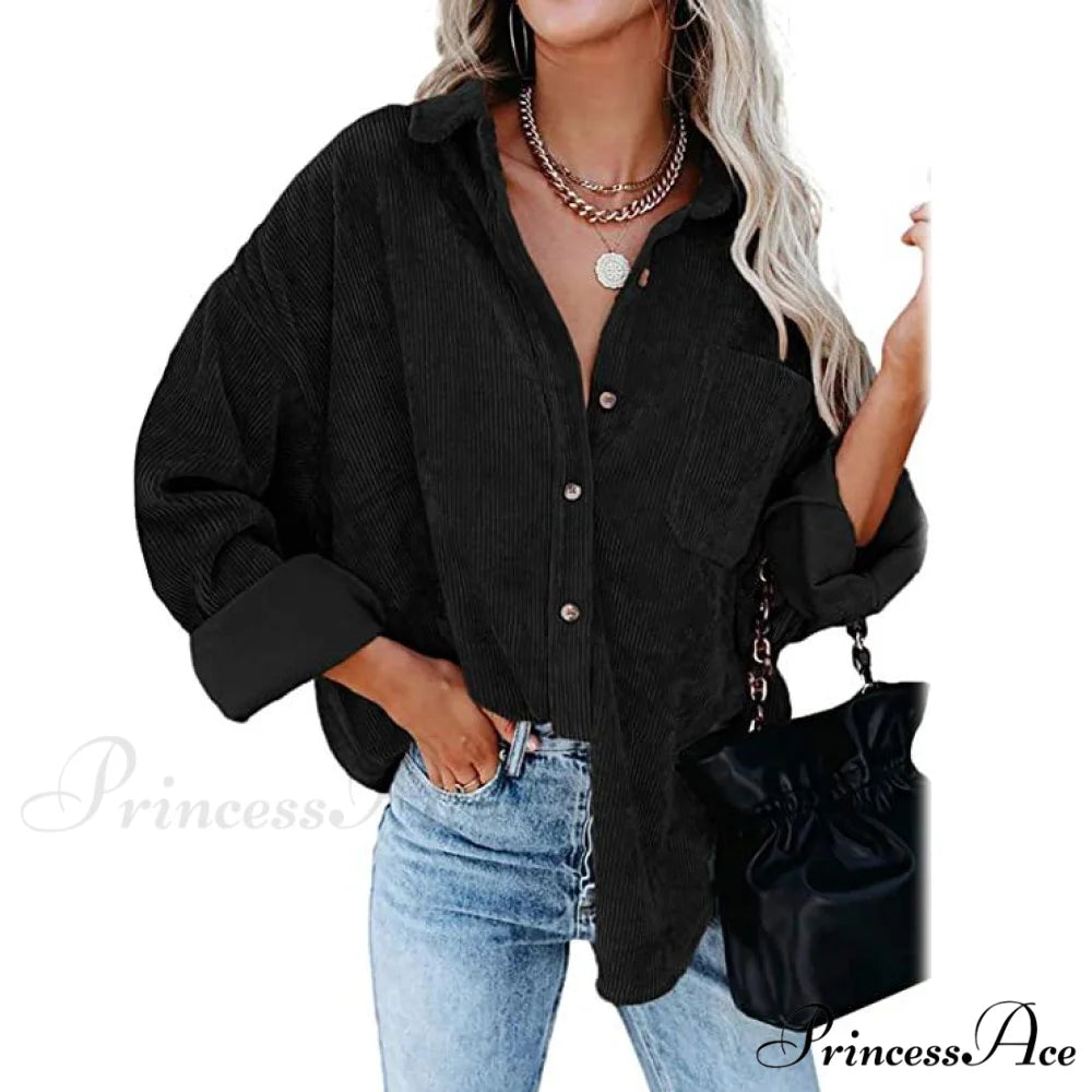 Casual Women’s Corduroy Long Arm Shirt Black / S
