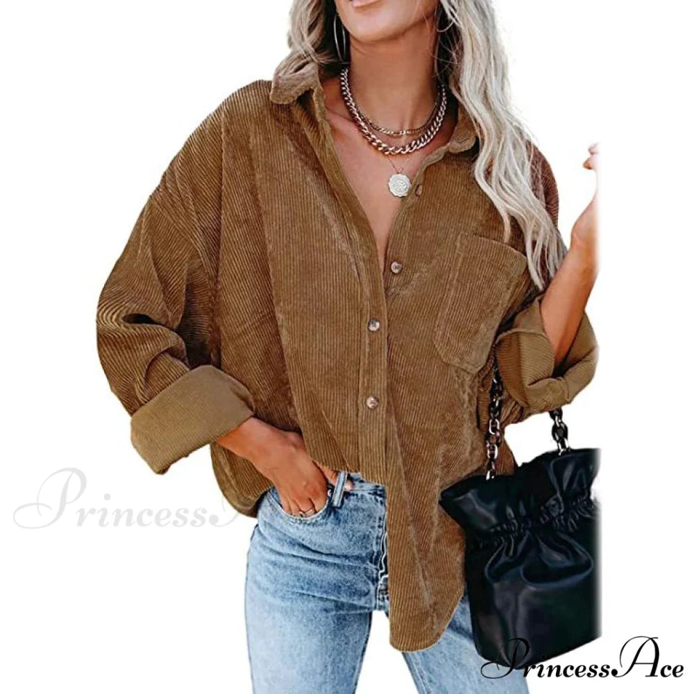 Casual Women’s Corduroy Long Arm Shirt Brown / S
