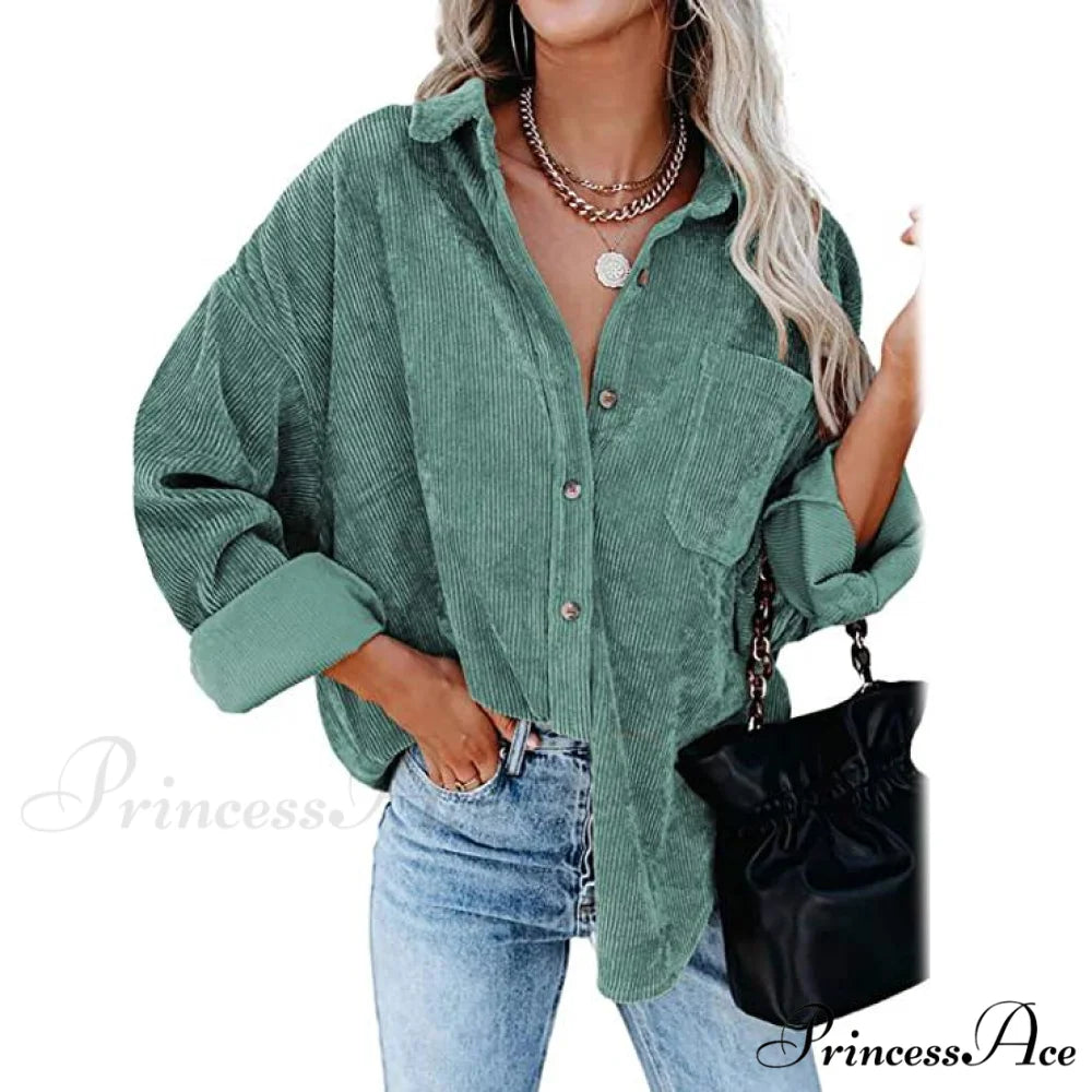 Casual Women’s Corduroy Long Arm Shirt Green / S