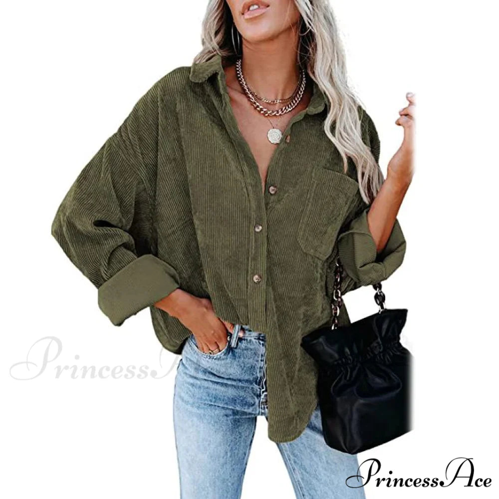 Casual Women’s Corduroy Long Arm Shirt Olive Green / S