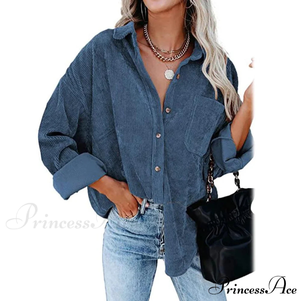 Casual Women’s Corduroy Long Arm Shirt Sky Blue / S
