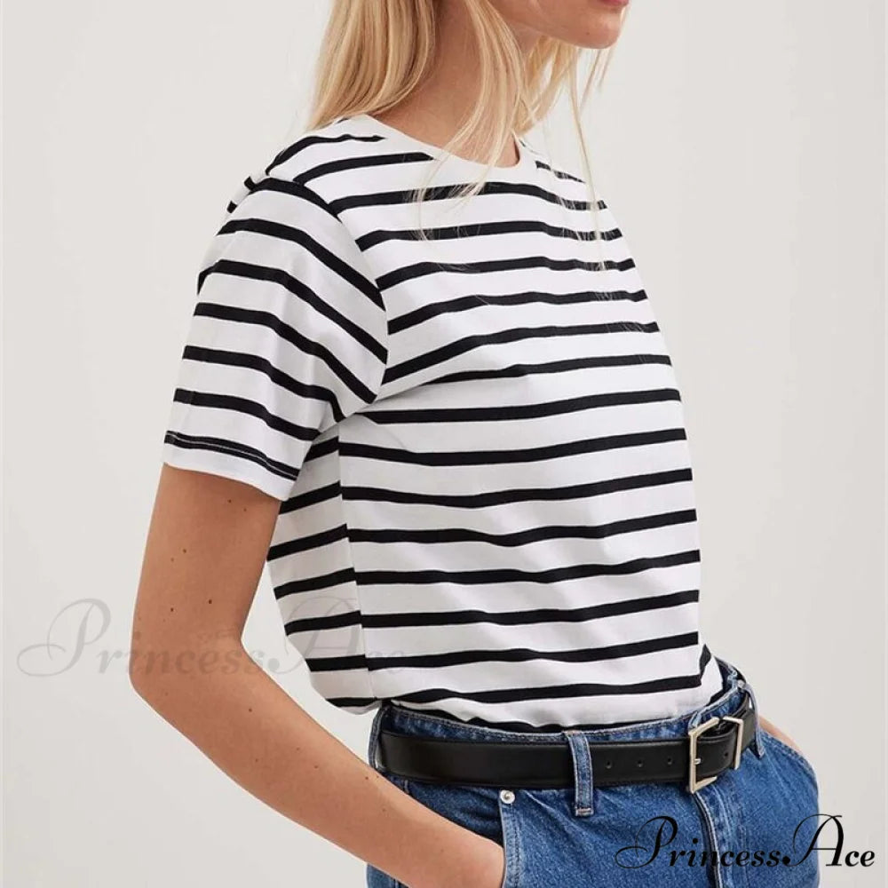 Casual Women’s Cotton Harajuku Neck Brief Warm-Season Arm Tops Striped O Loose Tee T-Shirt Style Black / S