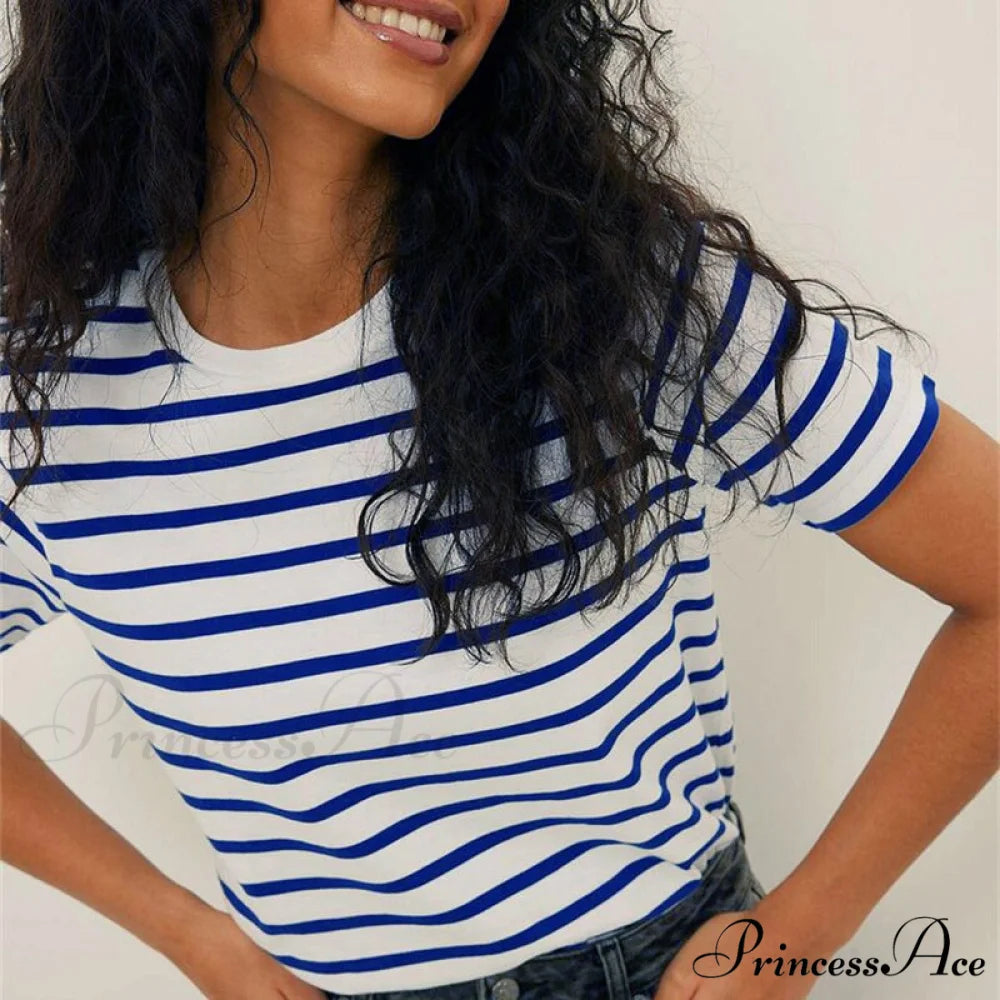 Casual Women’s Cotton Harajuku Neck Brief Warm-Season Arm Tops Striped O Loose Tee T-Shirt Style Blue / S