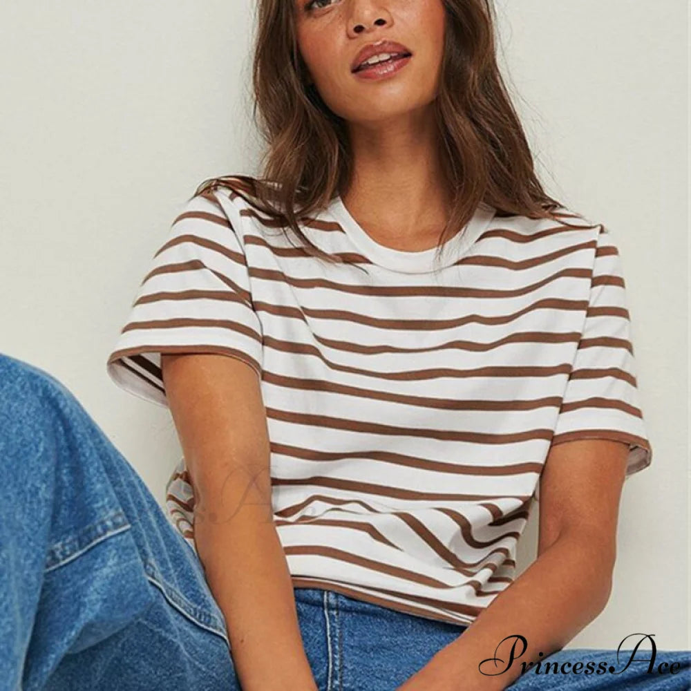 Casual Women’s Cotton Harajuku Neck Brief Warm-Season Arm Tops Striped O Loose Tee T-Shirt Style Coffee / S