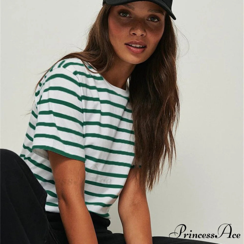 Casual Women’s Cotton Harajuku Neck Brief Warm-Season Arm Tops Striped O Loose Tee T-Shirt Style Green / S