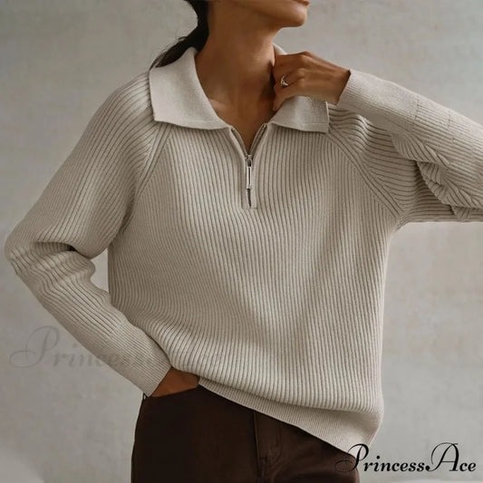 Casual Zipper Long Sleeve Pullover Solid Loose Warm Christmas Sweater Apricot / S