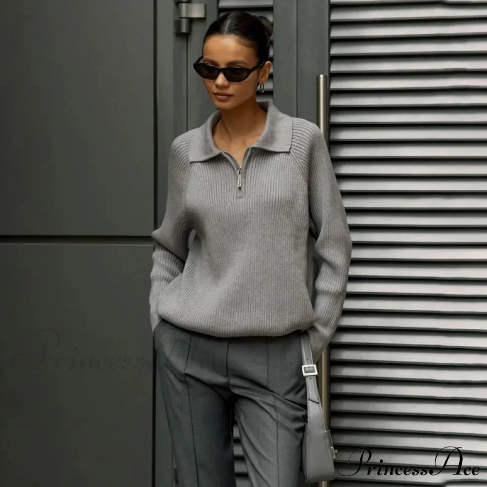 Casual Zipper Long Sleeve Pullover Solid Loose Warm Christmas Sweater GRAY / S