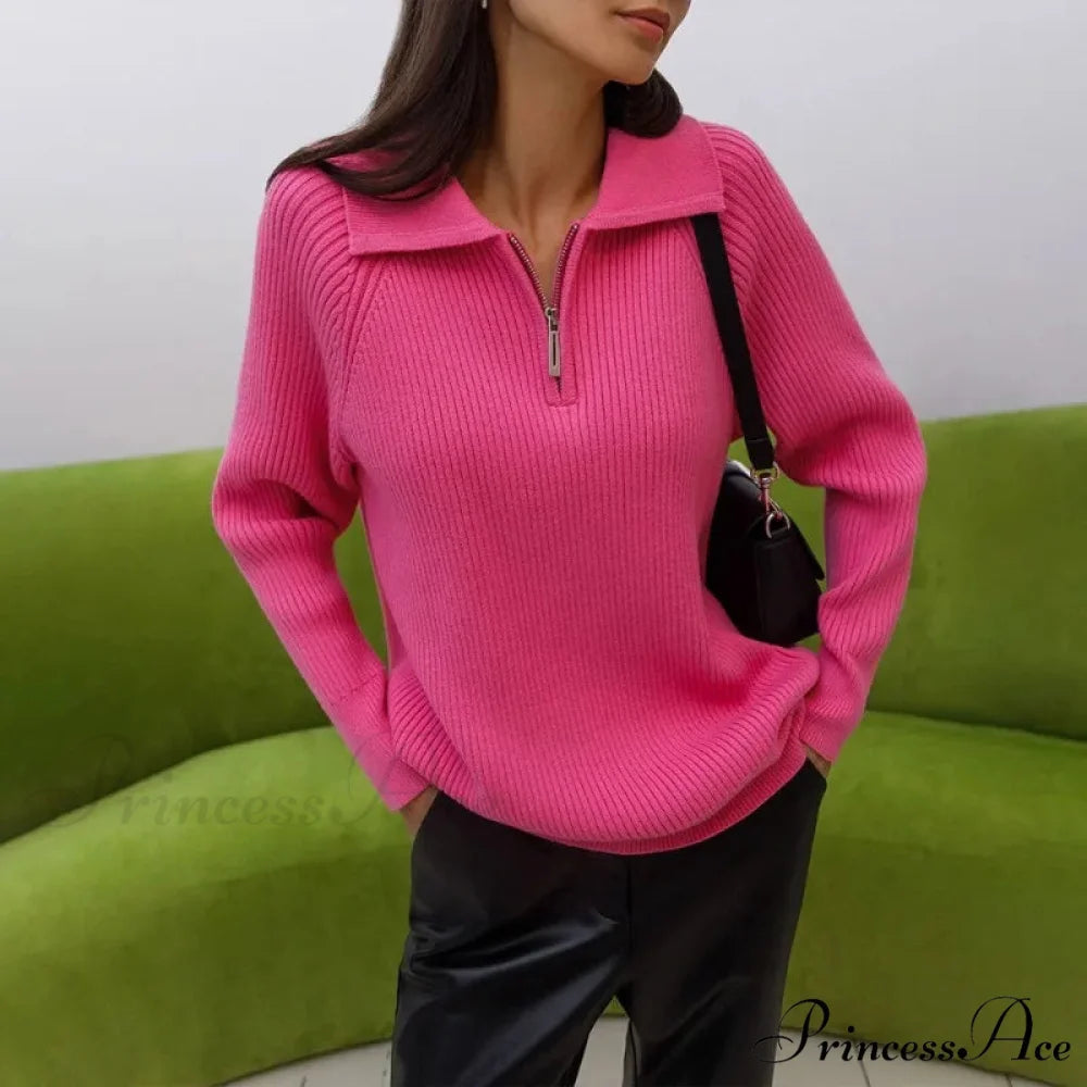 Casual Zipper Long Sleeve Pullover Solid Loose Warm Christmas Sweater Pink / S
