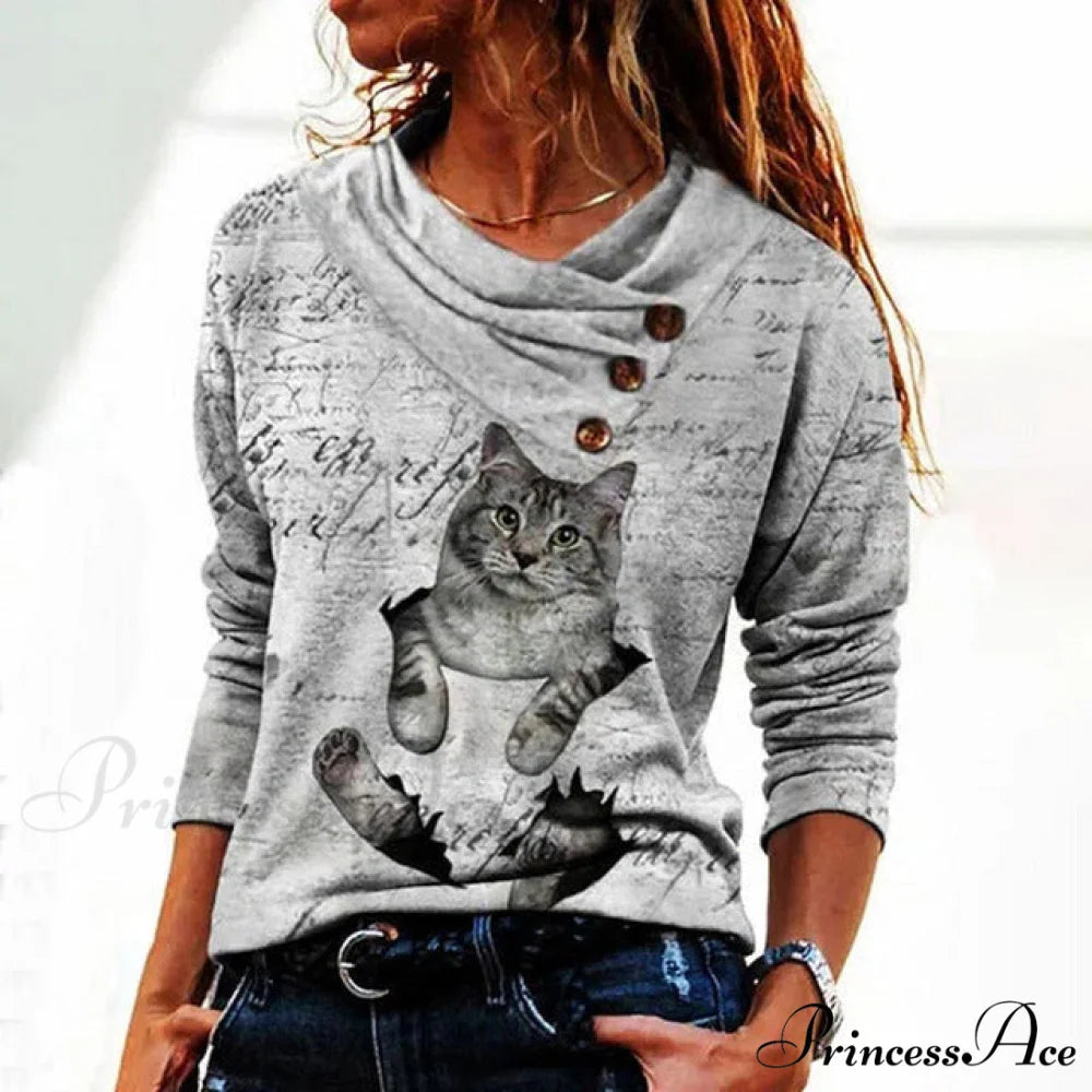 Cat Blouse Casual with Print Gray / S