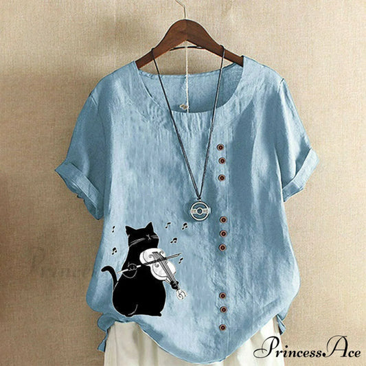 Cat Cotton And Linen Cute Design Blouse Blue / S