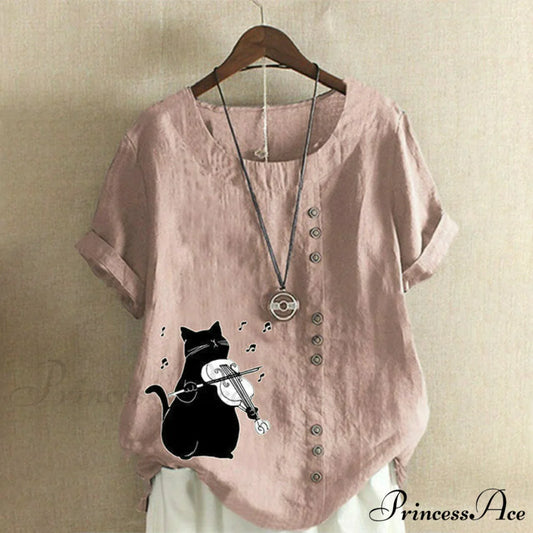 Cat Cotton And Linen Cute Design Blouse Pink / S