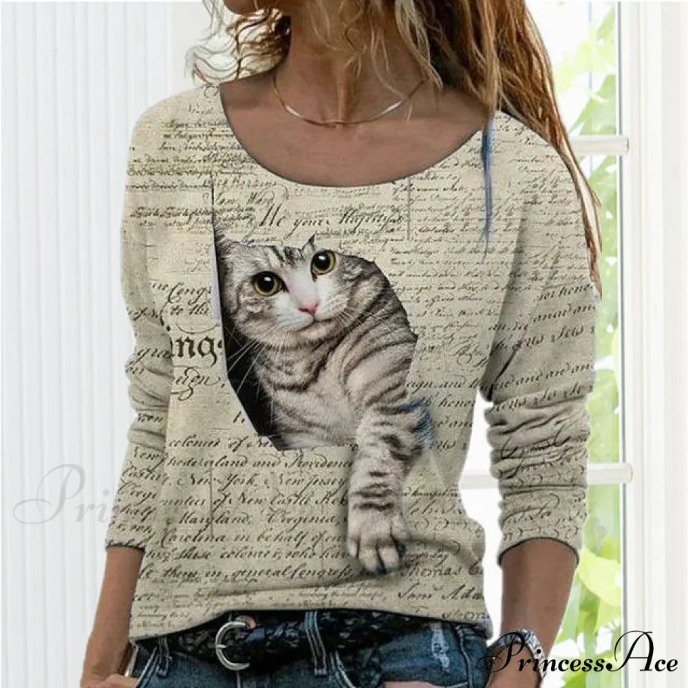 Cat Cute Design T-Shirt Khaki / S