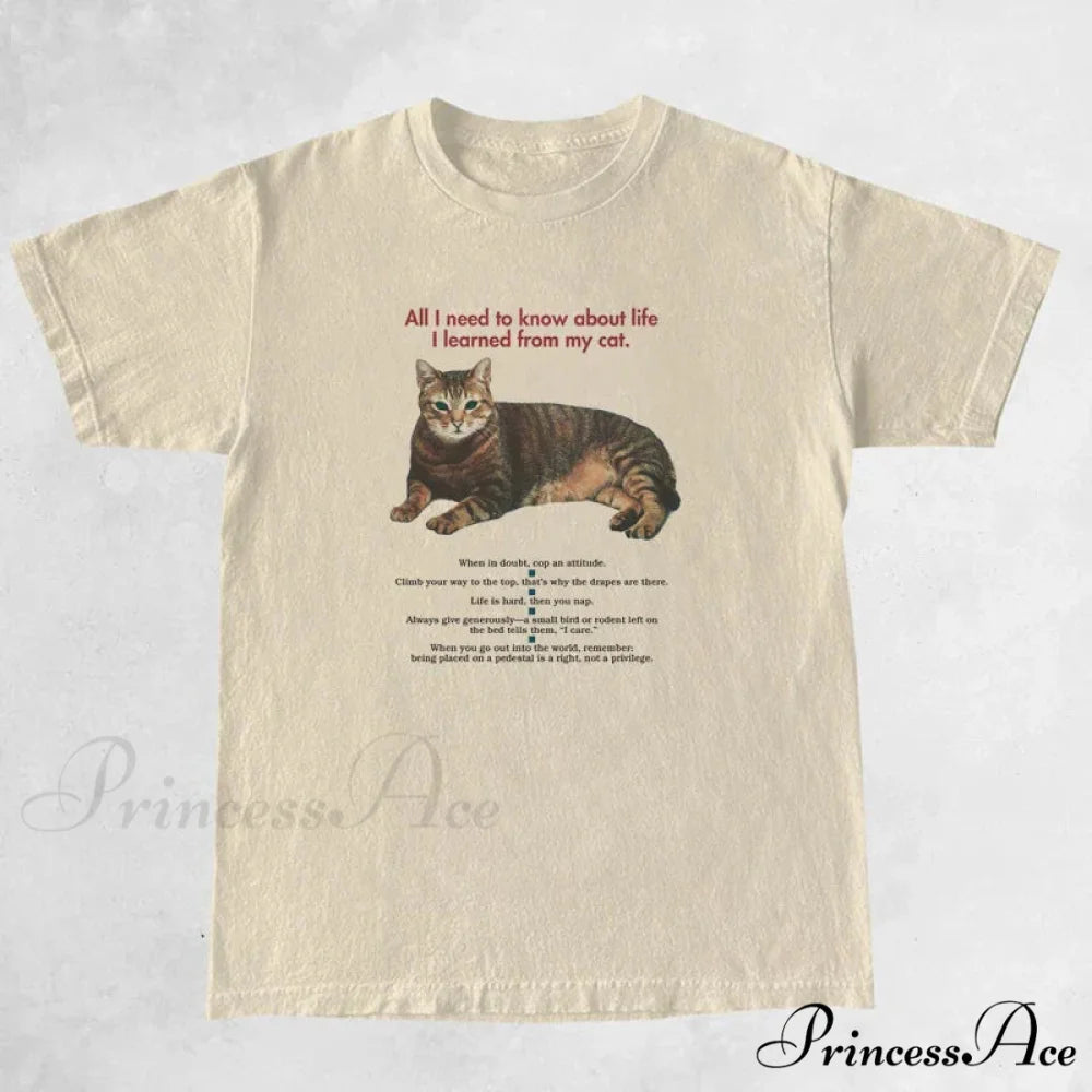 Cat Elegant Quotes GraphicT-Shirt Khaki / S