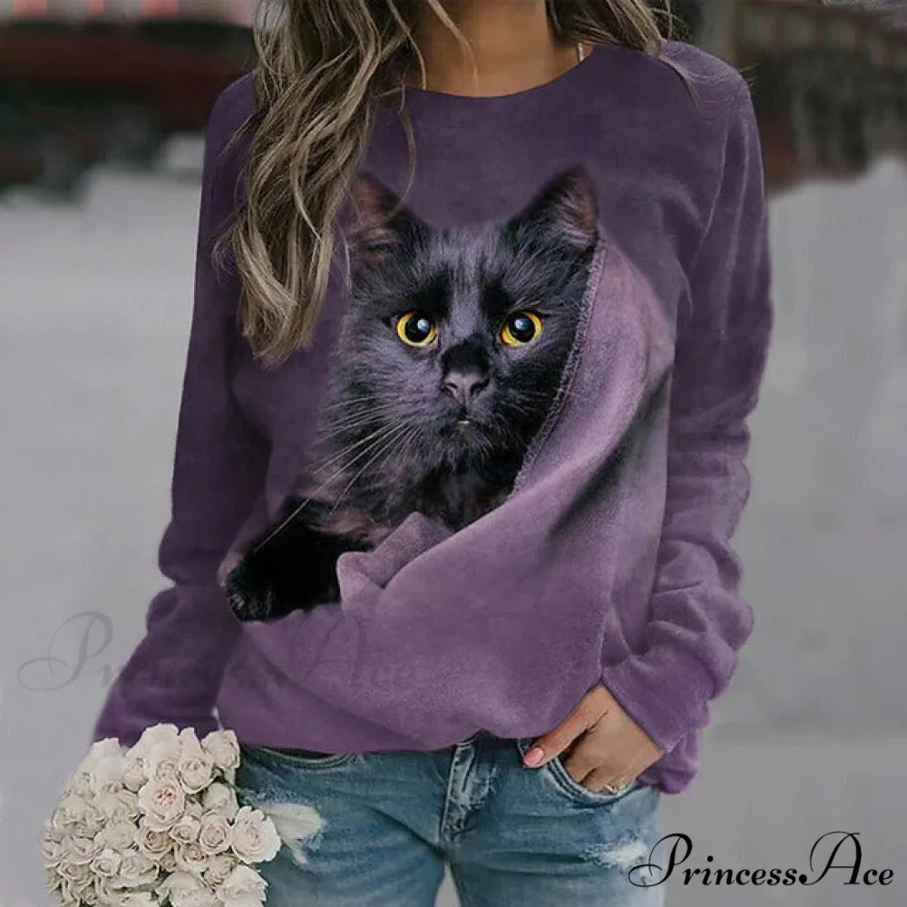 Cat Sweatshirt Casual with Print Purple / S