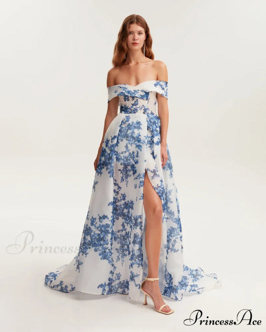 Catchy Off-The-Shoulder Blue Hydrangea Graceful Maxi Dress Garden Of Eden