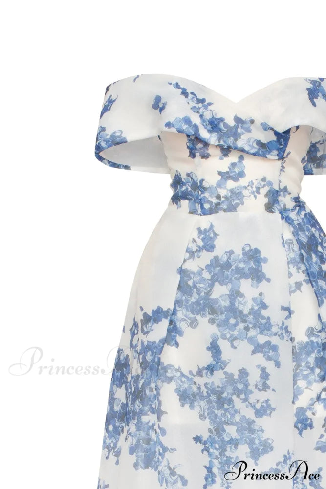 Catchy Off-The-Shoulder Blue Hydrangea Graceful Maxi Dress Garden Of Eden