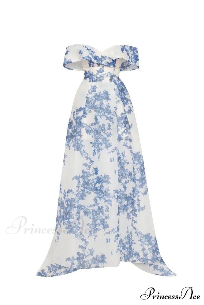 Catchy Off-The-Shoulder Blue Hydrangea Graceful Maxi Dress Garden Of Eden XXS / Blue-Navy