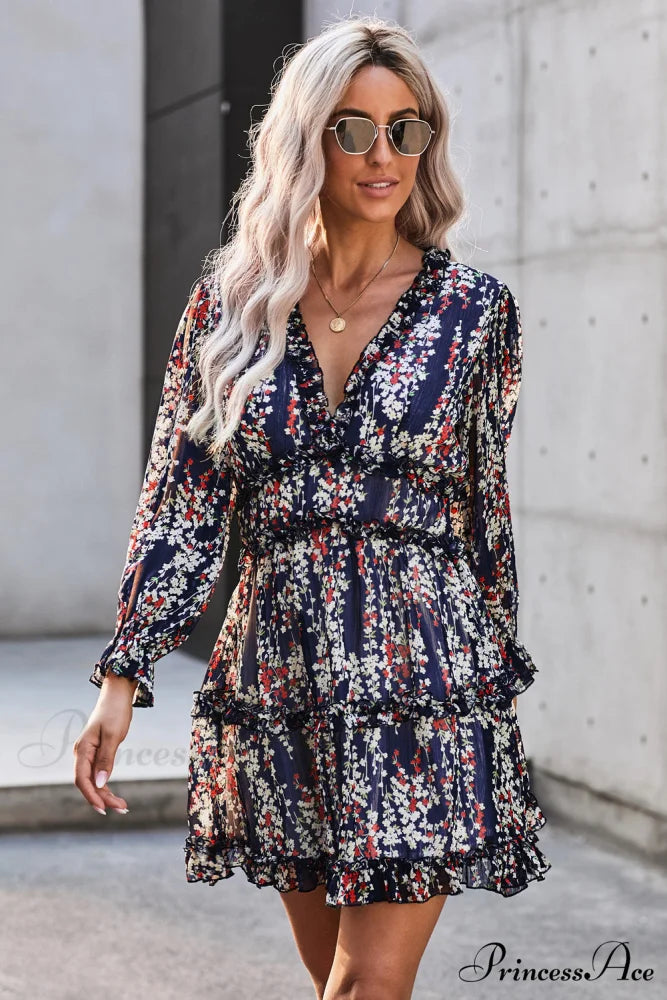 Causal Loose Solid Color Pleated Classic V-Neck Long Puff Sleeves Sweater Dress Navy / XS