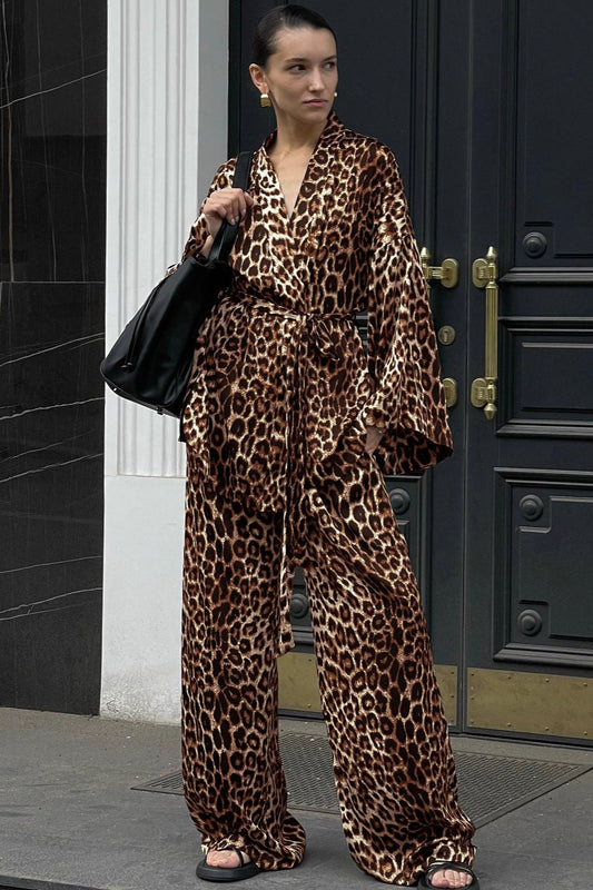 Chic Printed Long-Sleeve Shirt Belted Wide-Leg Pants Two Piece Set