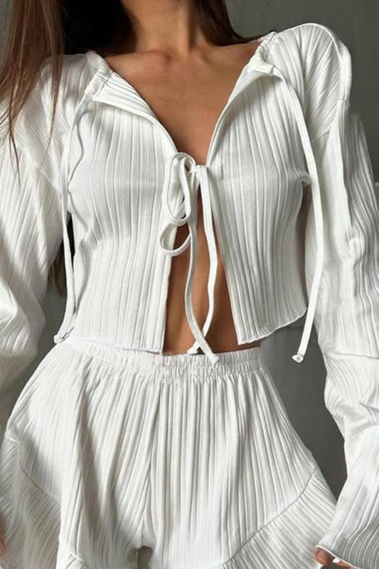 Tie-Front Long Sleeve Blouse & Ruffle Shorts Set