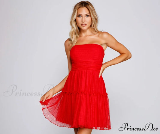 Cecilla Formal Pleated Charming Tulle Party Dress RED / 3