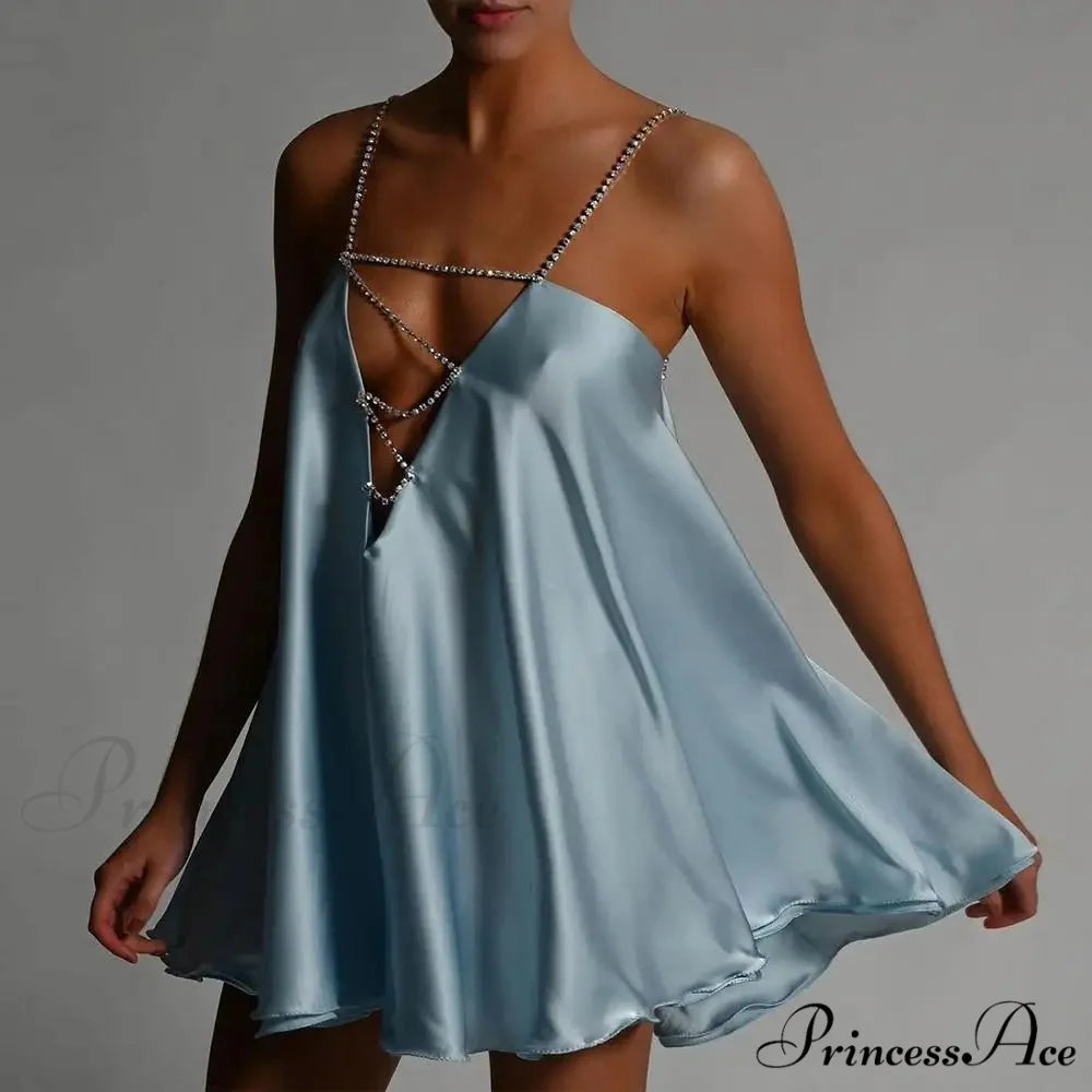 Chain Suspenders Hollow Petite Dress Blue / S minidress-250223