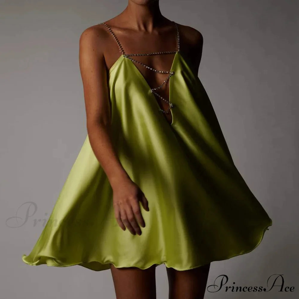 Chain Suspenders Hollow Petite Dress Green / S minidress-250223