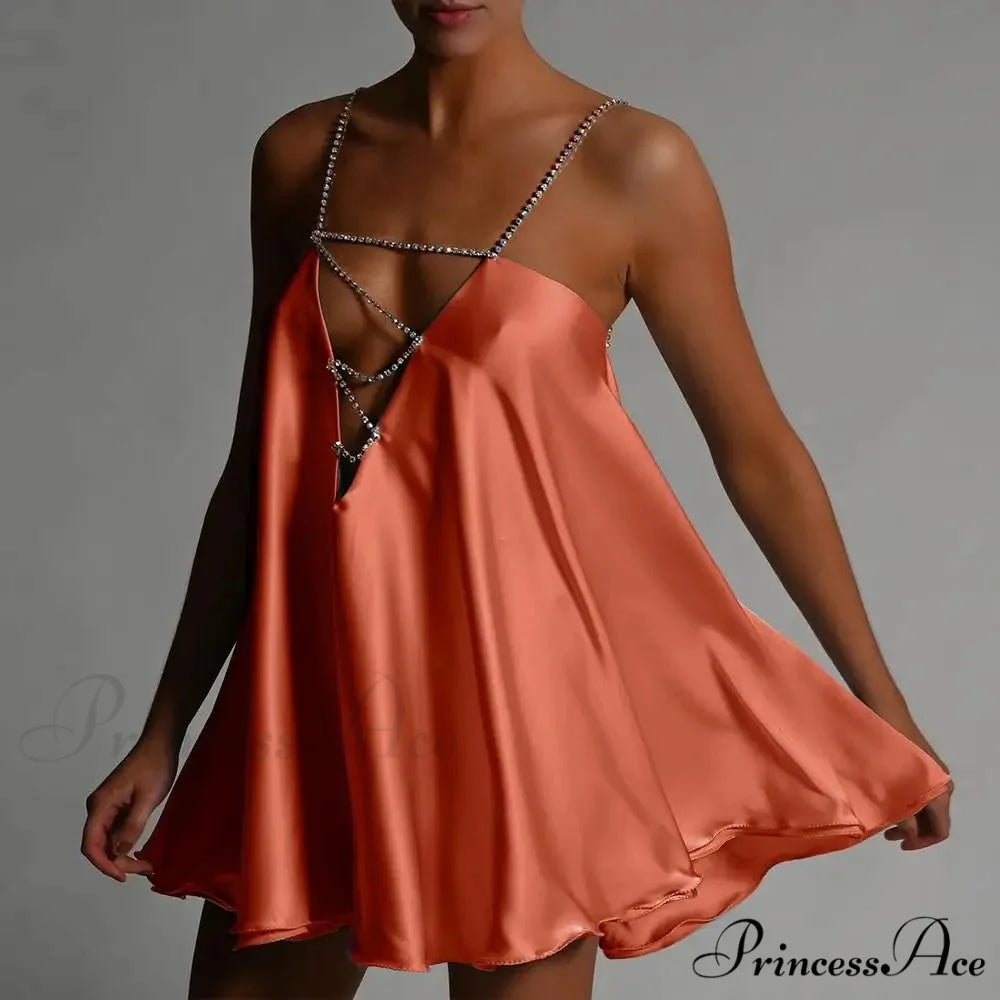 Chain Suspenders Hollow Petite Dress Orange / S minidress-250223