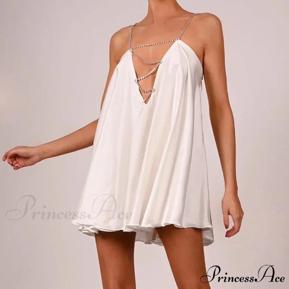 Chain Suspenders Hollow Petite Dress WHITE / S minidress-250223