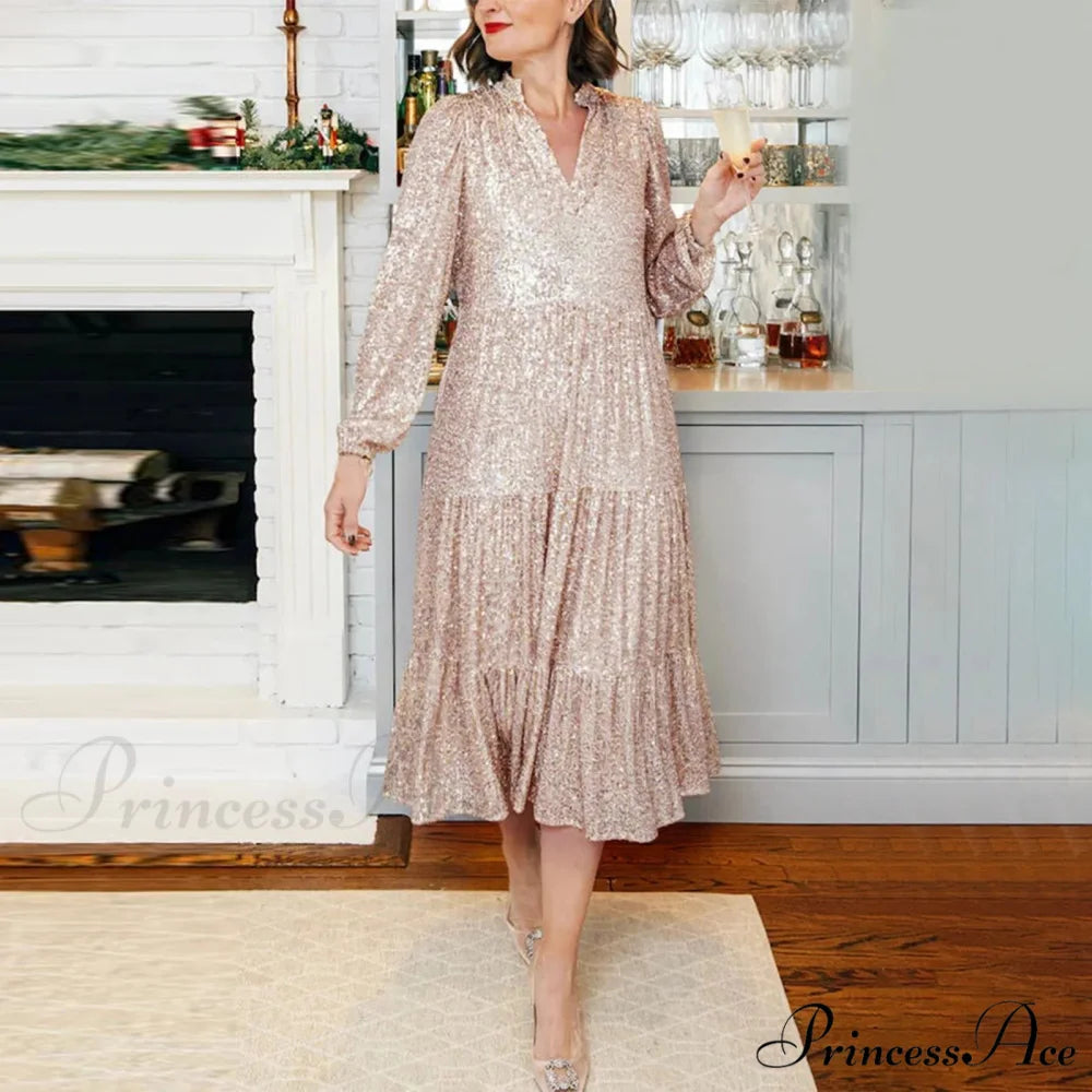 Champagne Sequin Loose V-Neck Long Sleeve Pleated Midi Elegant A-Line Banquet Party Dress