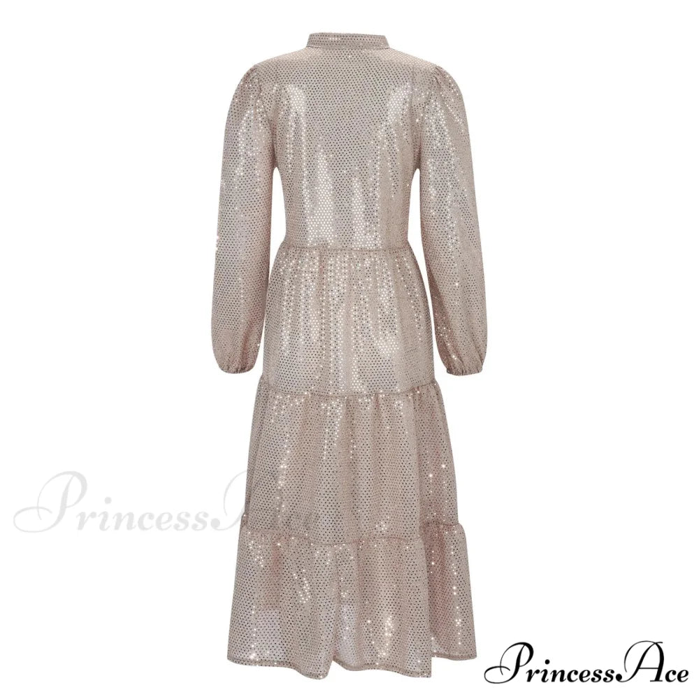 Champagne Sequin Loose V-Neck Long Sleeve Pleated Midi Elegant A-Line Banquet Party Dress