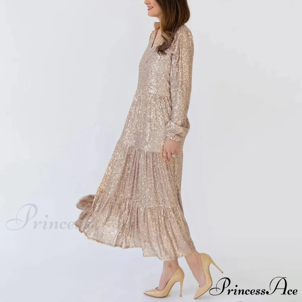 Champagne Sequin Loose V-Neck Long Sleeve Pleated Midi Elegant A-Line Banquet Party Dress