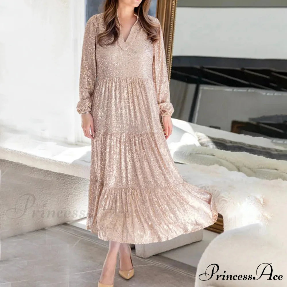 Champagne Sequin Loose V-Neck Long Sleeve Pleated Midi Elegant A-Line Banquet Party Dress Rose Gold / S