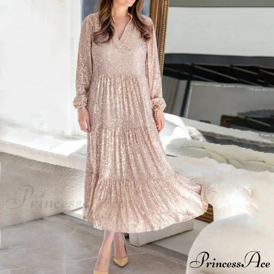 Champagne Sequin Loose V-Neck Long Sleeve Pleated Midi Elegant A-Line Banquet Party Dress Rose Gold / S