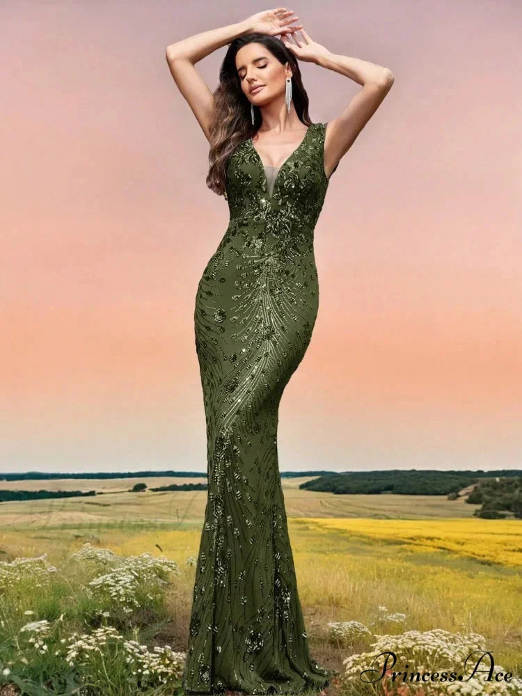 Champagne Sequin Mermaid Party Dress Green / S
