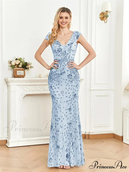 Champagne Sequin Mermaid Party Dress Light Blue / S