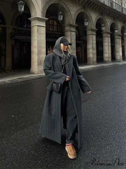 Charcoal Gray Stripe Woolen Overcoat coats-241228