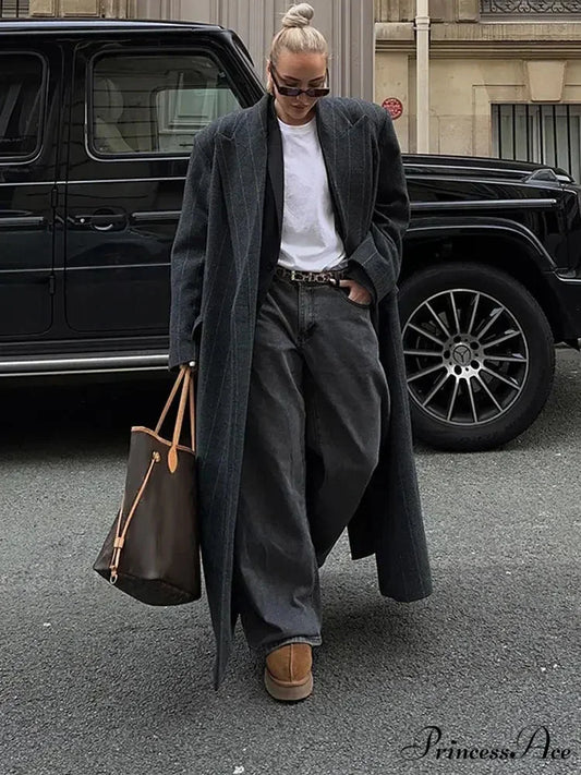 Charcoal Gray Stripe Woolen Overcoat coats-241228