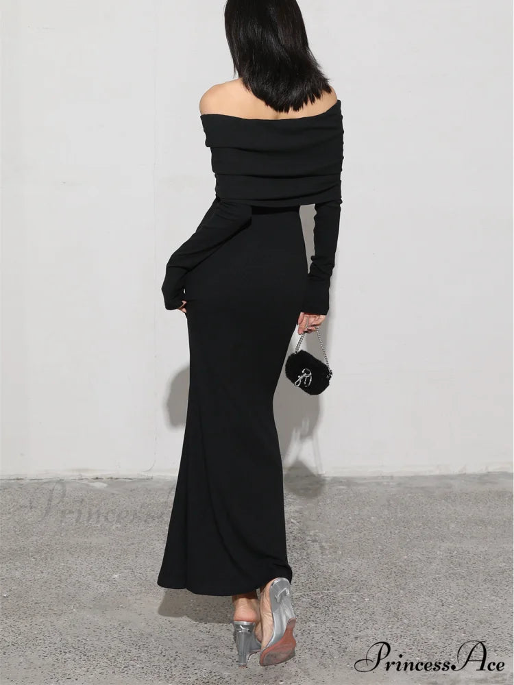 Charcoal Off Shoulder Overfold Modern Long Sleeve Long Dress