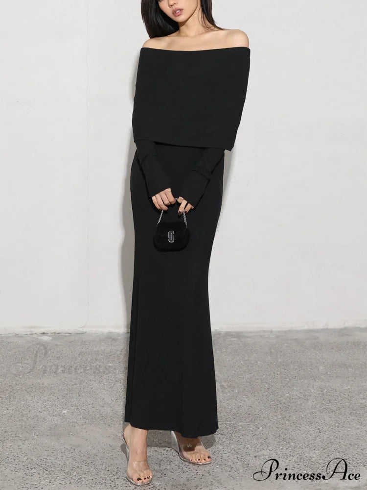 Charcoal Off Shoulder Overfold Modern Long Sleeve Long Dress