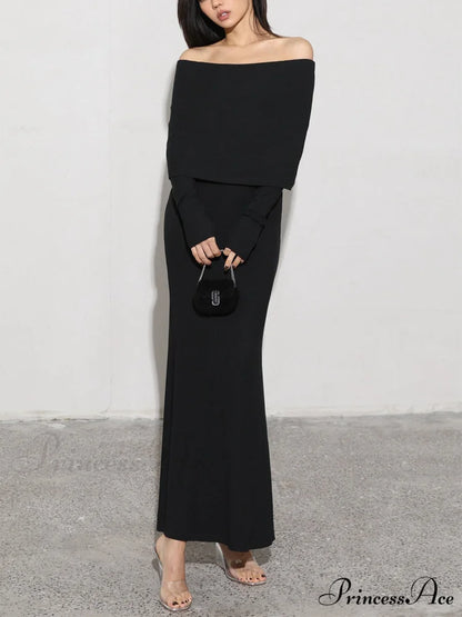 Charcoal Off Shoulder Overfold Modern Long Sleeve Long Dress