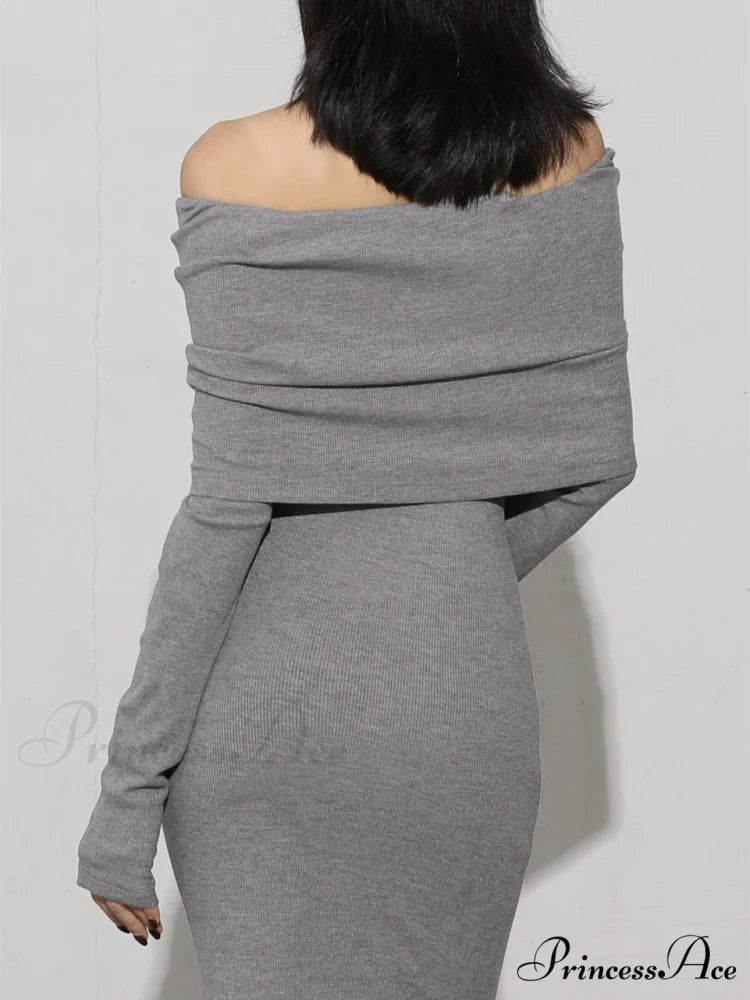 Charcoal Off Shoulder Overfold Modern Long Sleeve Long Dress