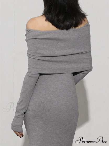 Charcoal Off Shoulder Overfold Modern Long Sleeve Long Dress